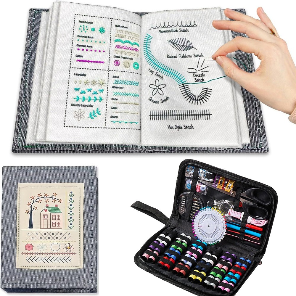 Complete Sewing Kits+Embroidery Stitch Guide Book Needles Scissors Buttons Pins