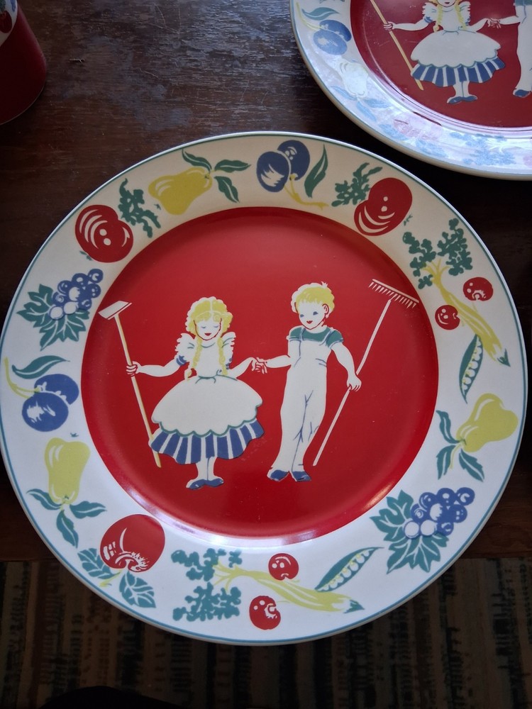 Mid Century Ceramic Dinnerware Red, Boy, Girl, Rabbits