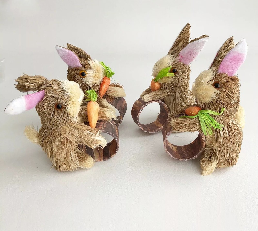 4 SISEL BUNNY RABBIT NAPKIN RINGS EASTER SPRING CARROTS