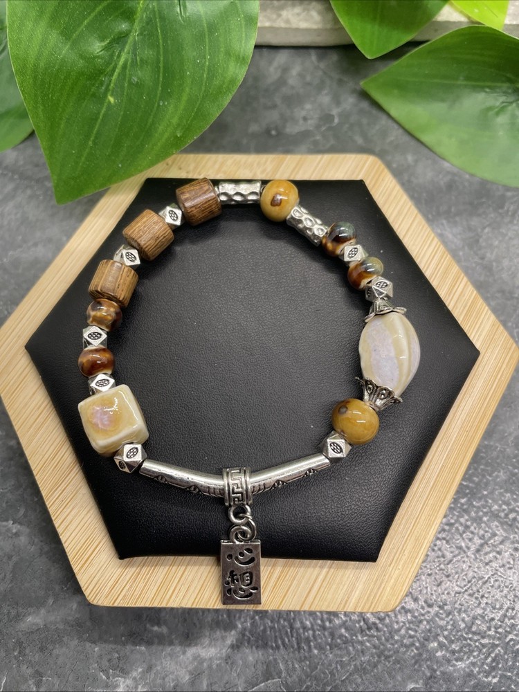 Handmade Ceramic Bead Beaded Stackable 6.5” Plus Stretch Bracelet New B302