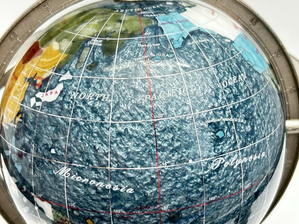 Blue Table Top Gemstone World Globe Silver Tripod