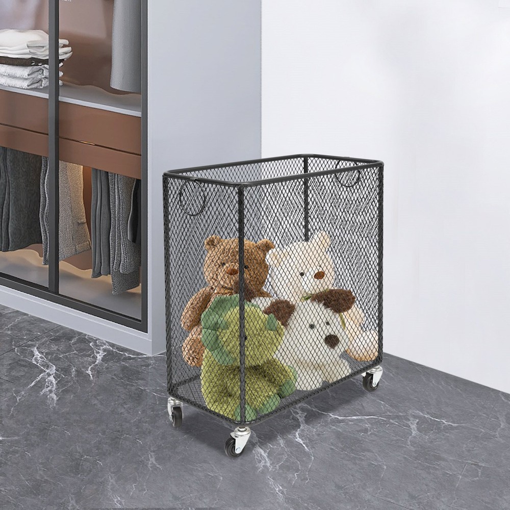 Rolling Laundry Basket with Wheels - Metal Wire Laundry Hamper Rectangular
