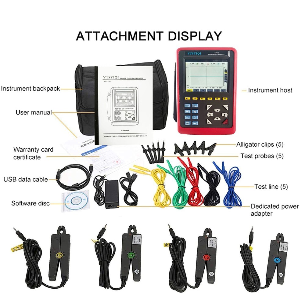 Power Quality Meter Analyzer with Current Clamp Range 10mA to 10A Interface USB