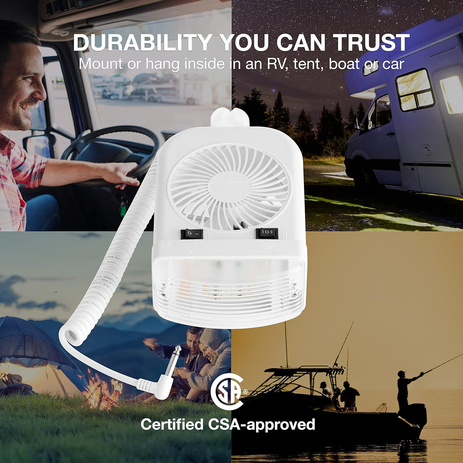 RV Portable 12V LED Cabin Light and 2-Speed Personal Fan Combo - Quiet Motor