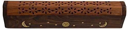 Coffin Style Wood Incense Burner Holder with Sun and Moon Inlays for Incense Sti