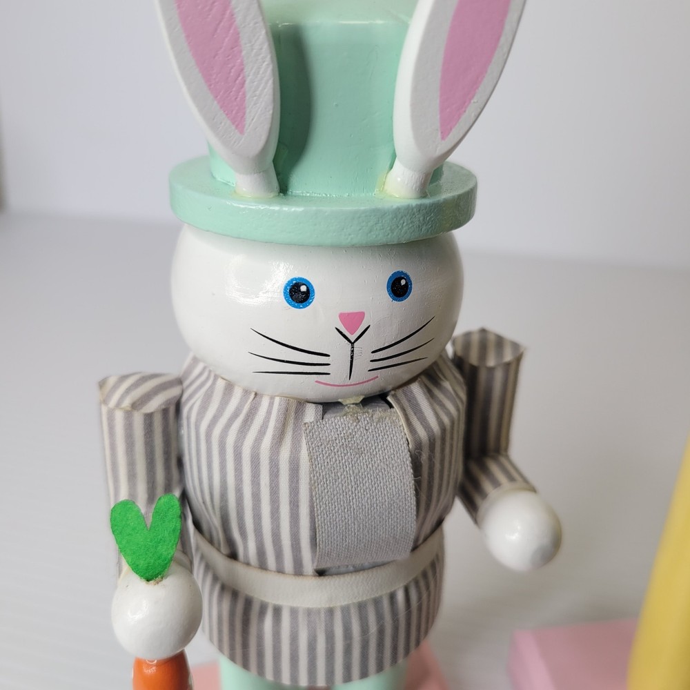 2 Easter Bunny Nutcrackers 8" & 14" Happy Easter Watering Can Carrot Decor