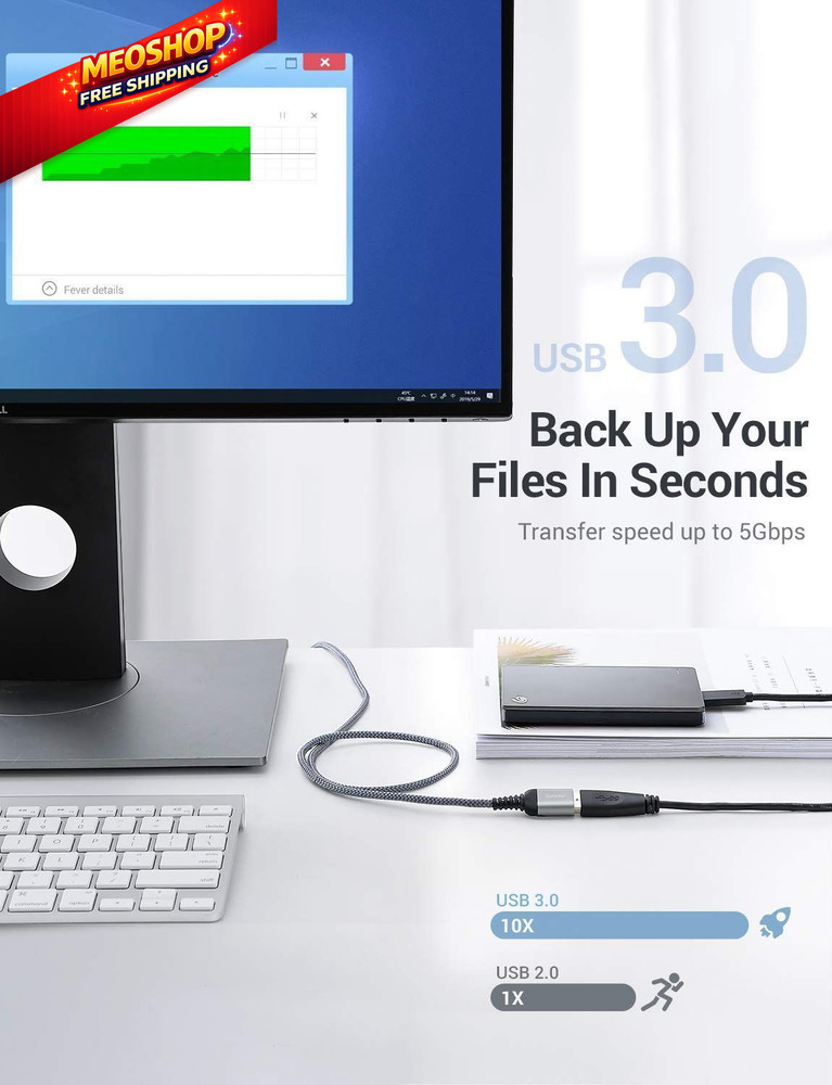 AINOPE 2 Pack USB Extensions Cable High Speed 3.0 6.6FT+6.6FT, Grey