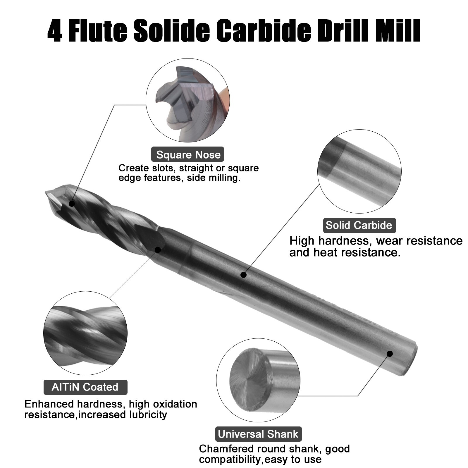 10Pcs 4 Flute 90 Degree 1/4"x3/4"x2-1/2" Solid Carbide Drill Mill - AlTiN Coated