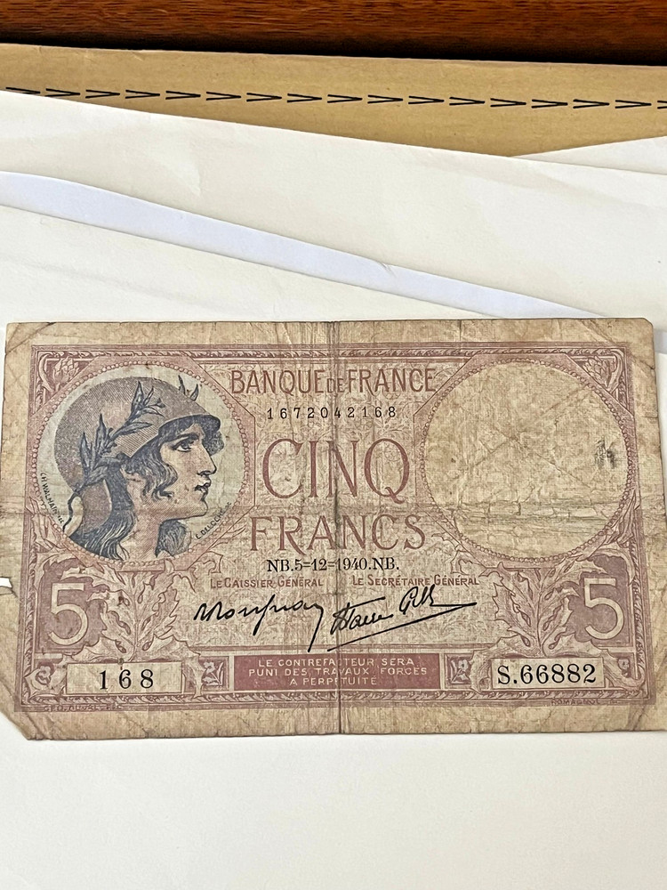 1939  BELGIUM 5 FRANCS BANK NOTE