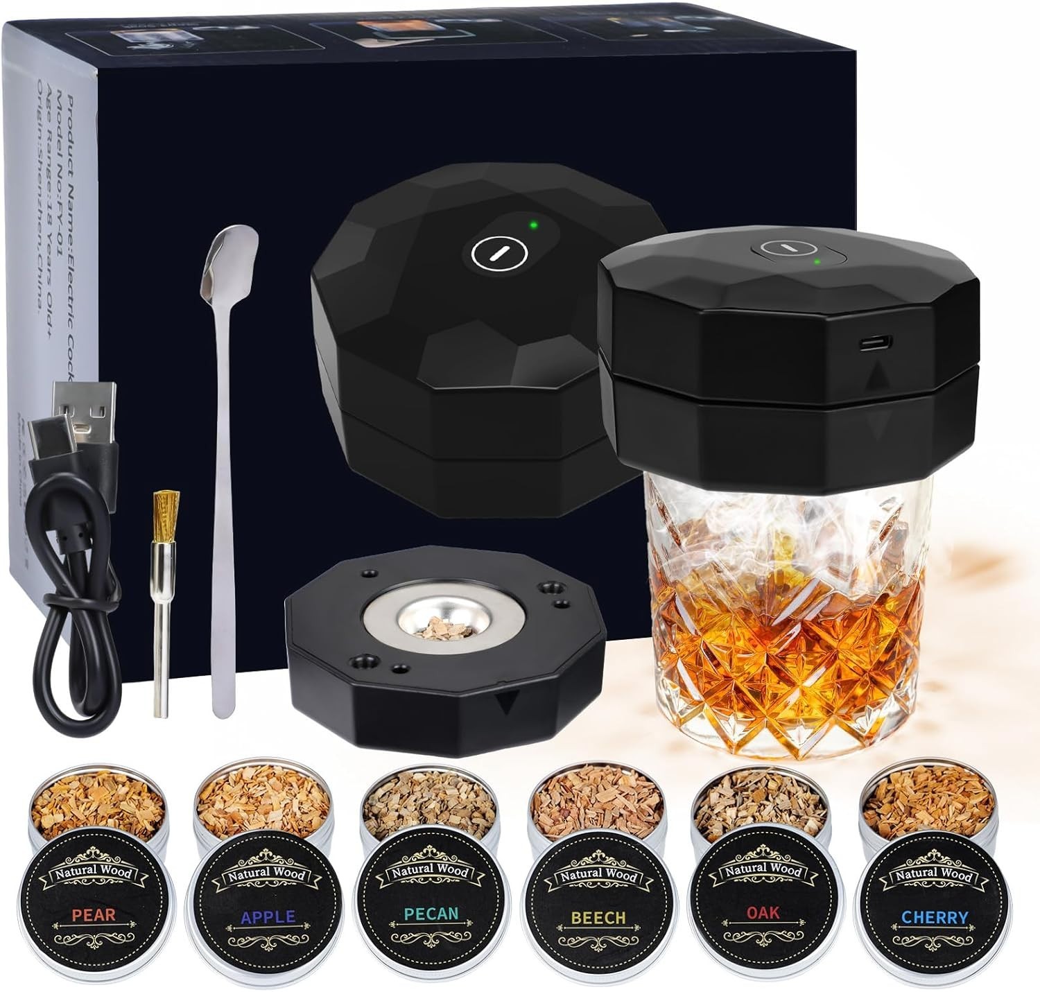 Electric Whiskey Smoker Kit with 6 Flavors Wood Chips & LED Light,
