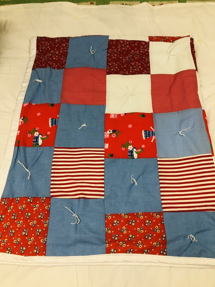 Handcrafted Patchwork Quilt Red White Blue Princess 78" X 59"