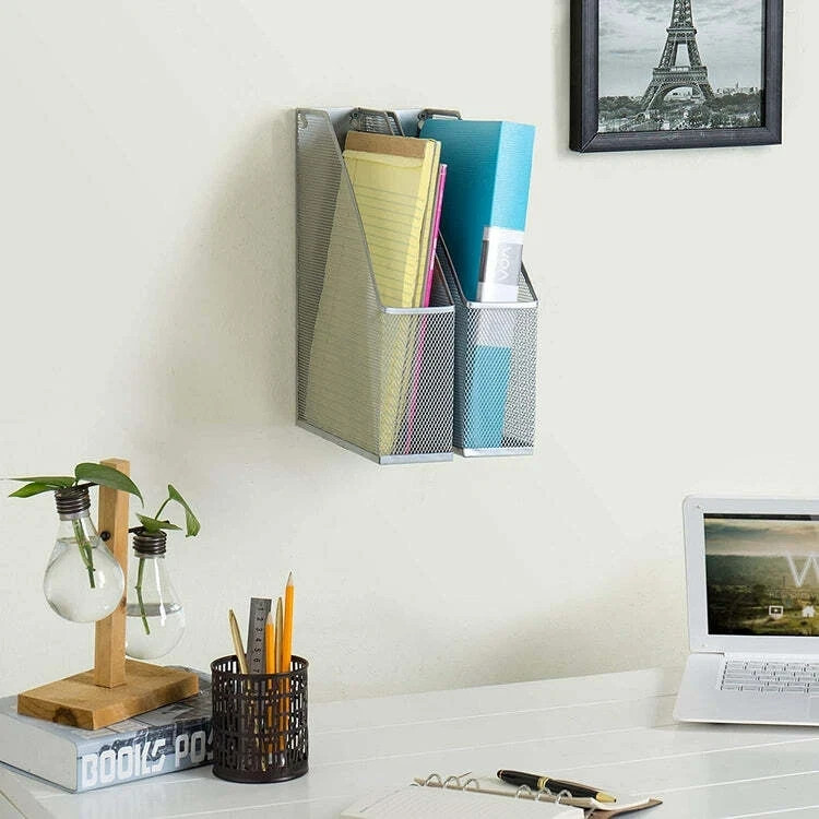 [ 2 Pack ] Wire Mesh Document Holder, Wall Mount/Desktop Magazine Rack - Silver