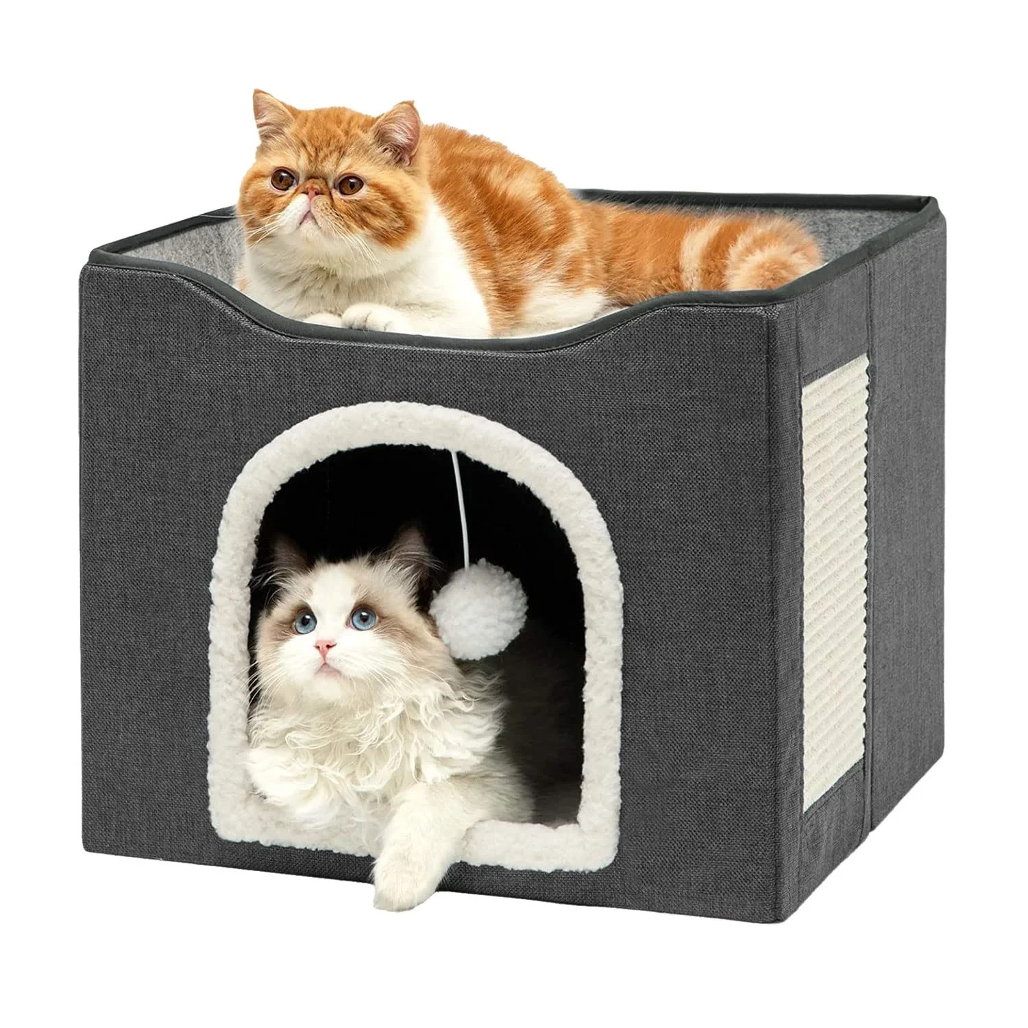 Cat Bed for Indoor Cats, Large Covered Cat House with Scratch Pad, Foldable Cat