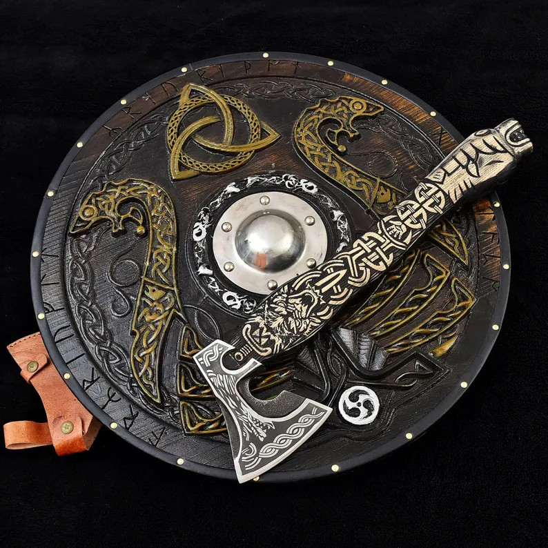 Custom Viking Shield & Axe Set Handmade Viking Round Shield Viking Axe