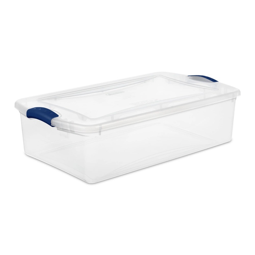 Latching Storage Bin 32 Quart Clear Plastic Container with Lid Blue 2 Pack