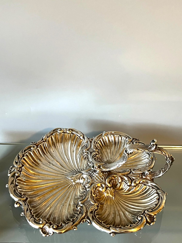 Antique Silver Plate Triple Shell Footed Serving Tray