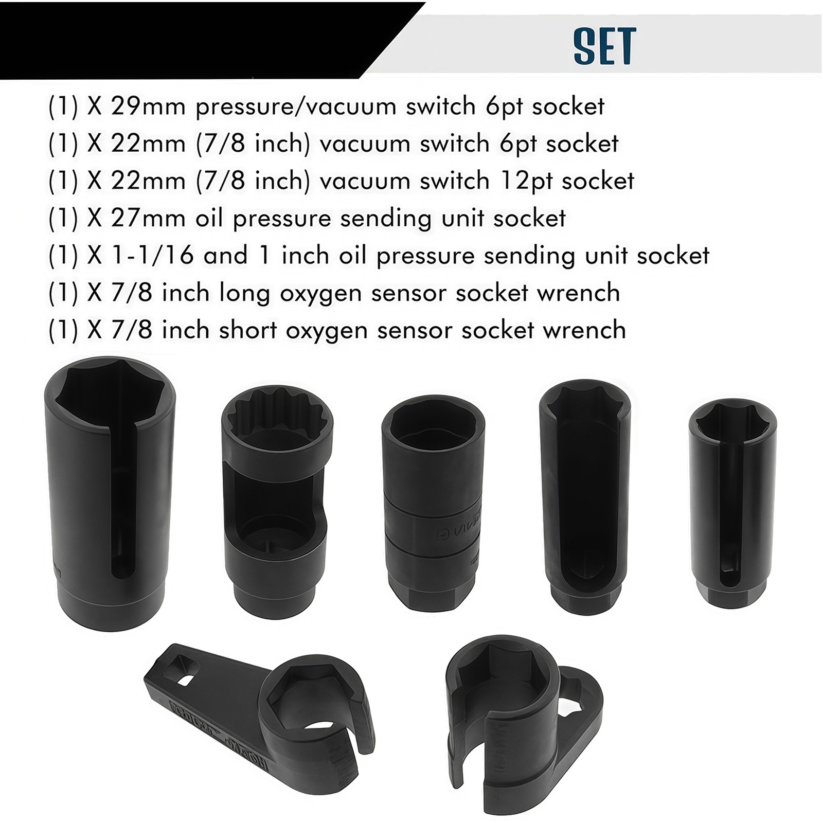 7pcs O2 Oxygen Sensor Socket Wrench Removal Tool 3/8" 1/2" Drive x 7/8" 22mm Set