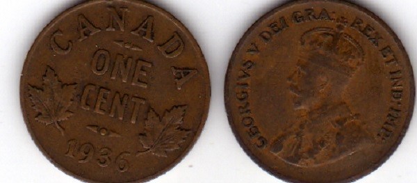 1936 Canada Small Cent Coin. Penny 1 cent