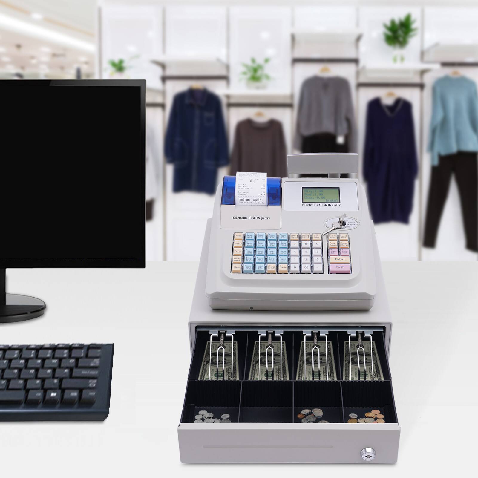 NEW Electronic Cash Register 48 Keys Cash Management System with Thermal Printer