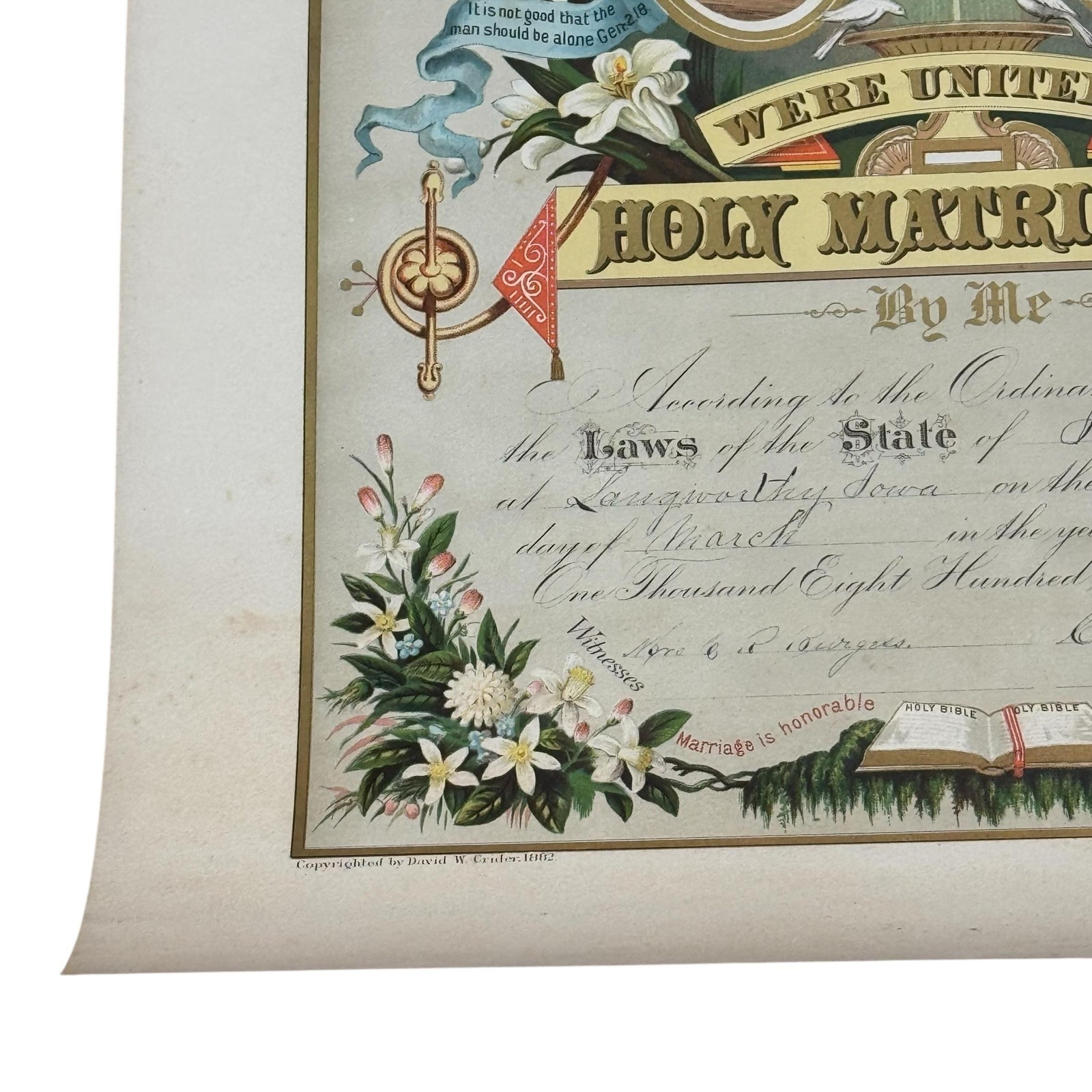 Antique 1882 Crider & Brother Holy Matrimony Marriage Wedding Certificate 15x20