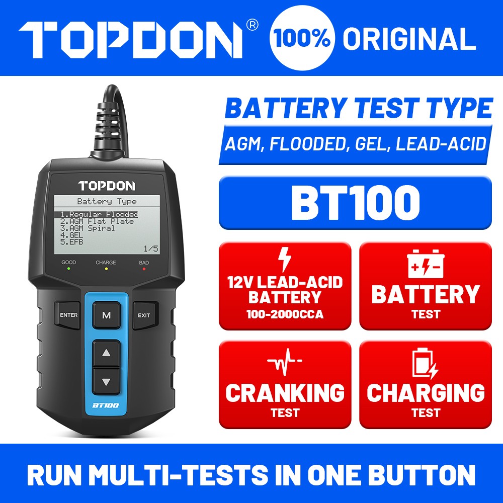 TOPDON BT100 Digital Battery Analyzer 12V Car Battery Load Tester 100~2000CCA