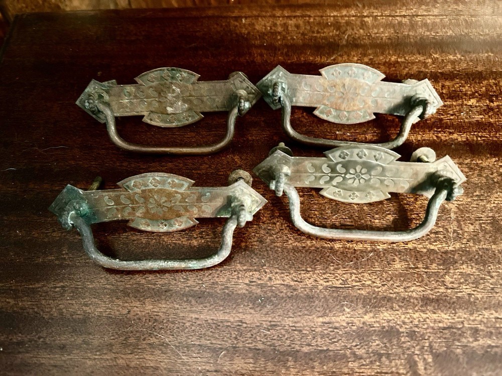 4 Antique Brass Embossed Drawer Pull Handles 3 1/8” Screw Width 4.25” Wide