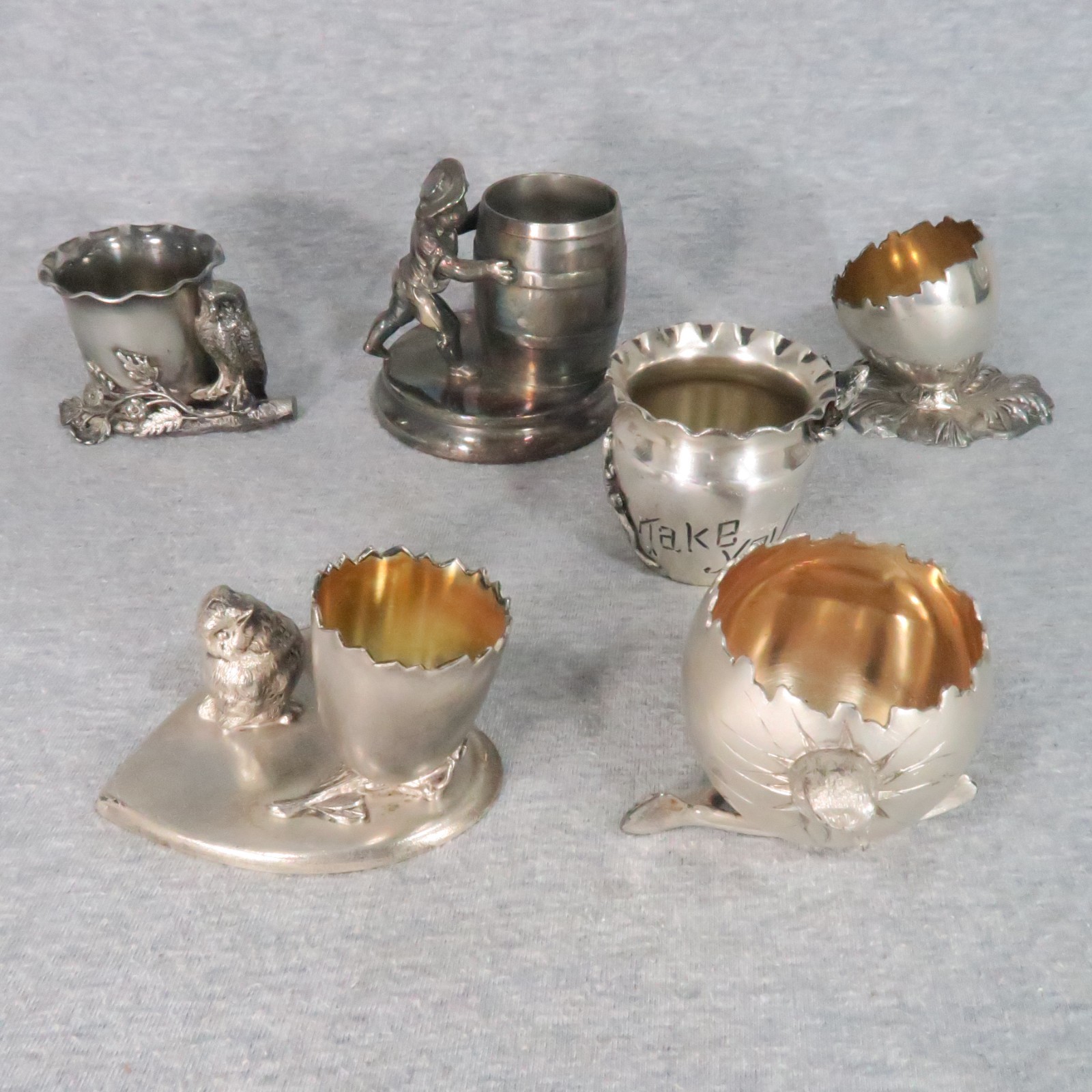 Antique Silverplate Figural Toothpick Holders w/ Boy Owl Chick Egg Frog Lot of 6