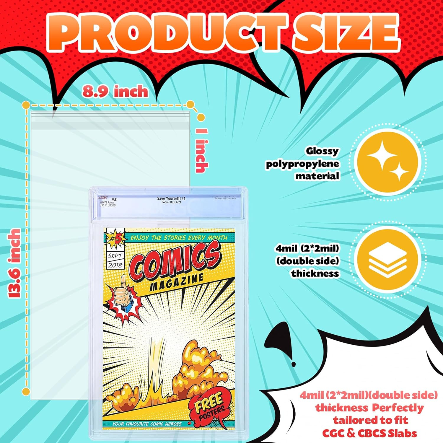 50 Pcs Resealable Graded Comic Book Bags,Clear Plastic Comic Sleeves for CGC and