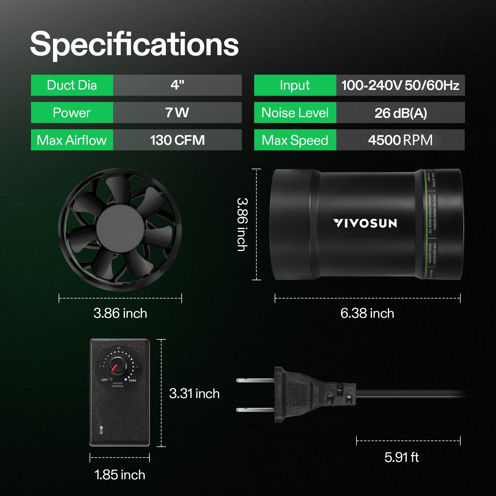 VIVOSUN 4"130CFM Inline Booster Duct Fan HVAC Ventilation Fan w/Speed Controller