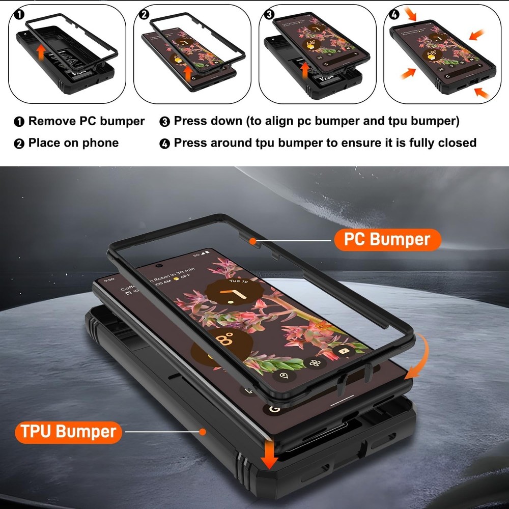 for Google Pixel 6 Case with 2 Screen Protector, Military Class with 360-Black