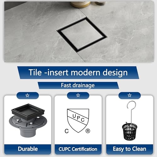 4-Inch Square Shower Drain with Removable Tile Insert Grate, 4 In Matte Black
