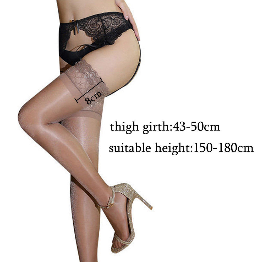 Womens Glossy Oil Shiny Sheer Lace Top Thigh High Silk Stockings Hold Ups