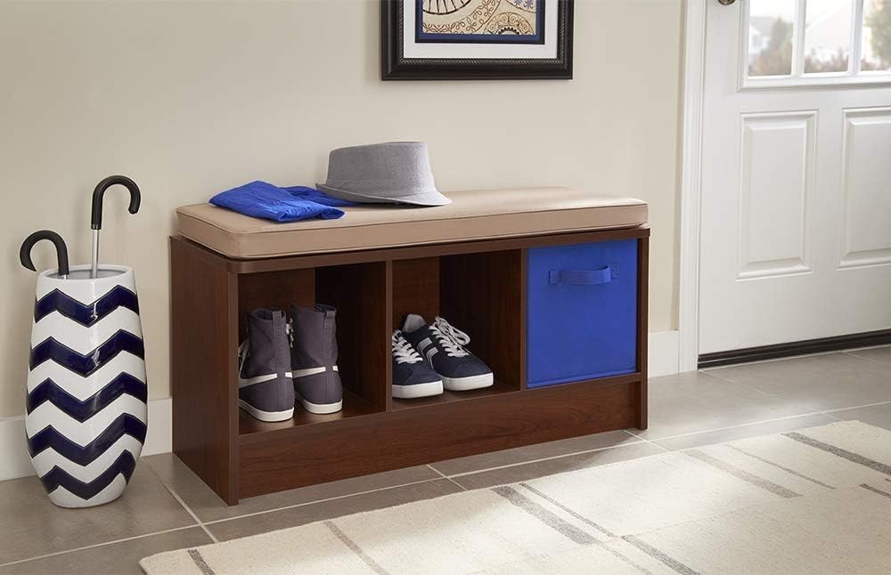 Functional 3-Cube Storage Bench in Dark Cherry with Tan Cushion - Easy Assembly