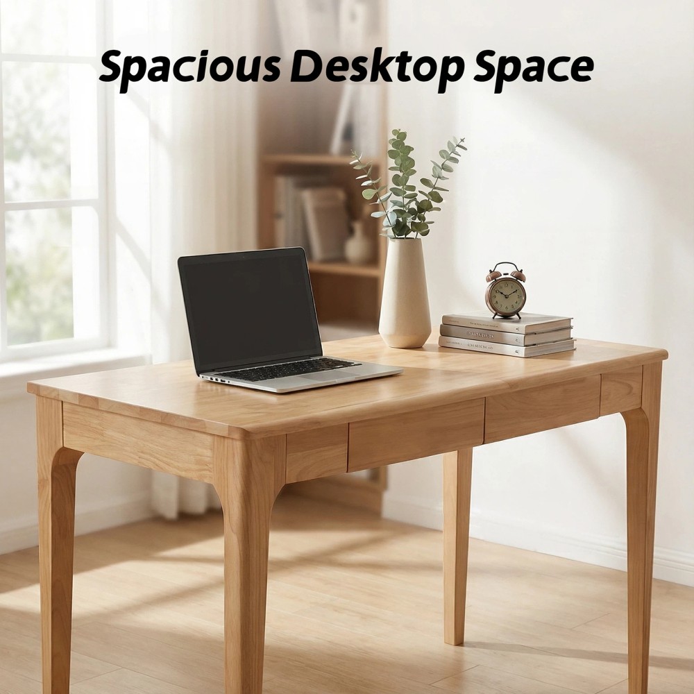 Modern Solid Wood Writing Desk with 2 Drawers, Compact Office Desk