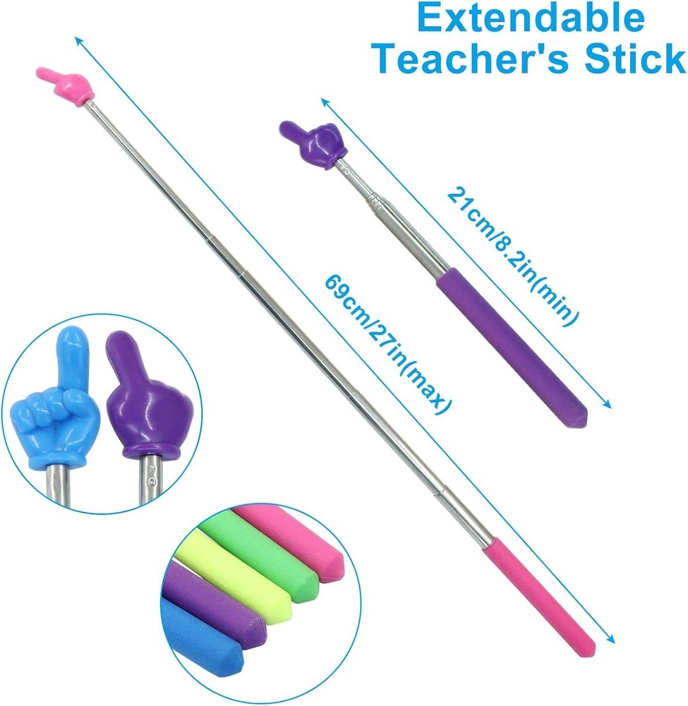 5 Pcs Retractable Teacher Pointer, Extendable Finger Pointer Stick Colorful Hand