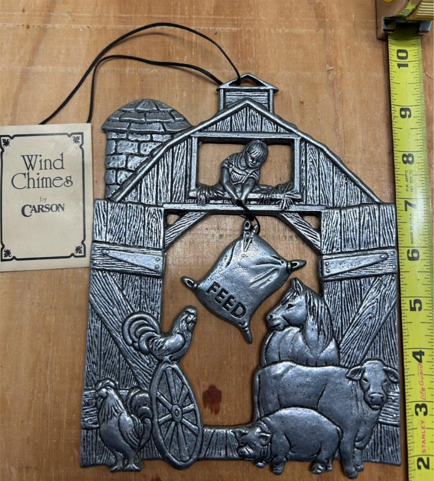 COOL 1990s CARSON WIND CHIME NOS BARN W/ BOY & FEED SACK COW CHICKENS HORSE PIGS