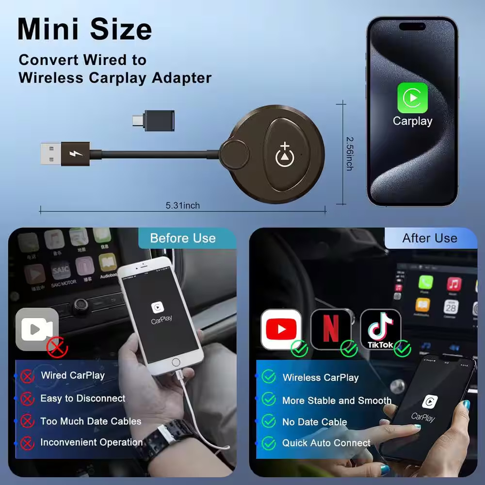 Wireless Carplay Adapter with Built-In Youtube Netflix, Easy Plug and Play