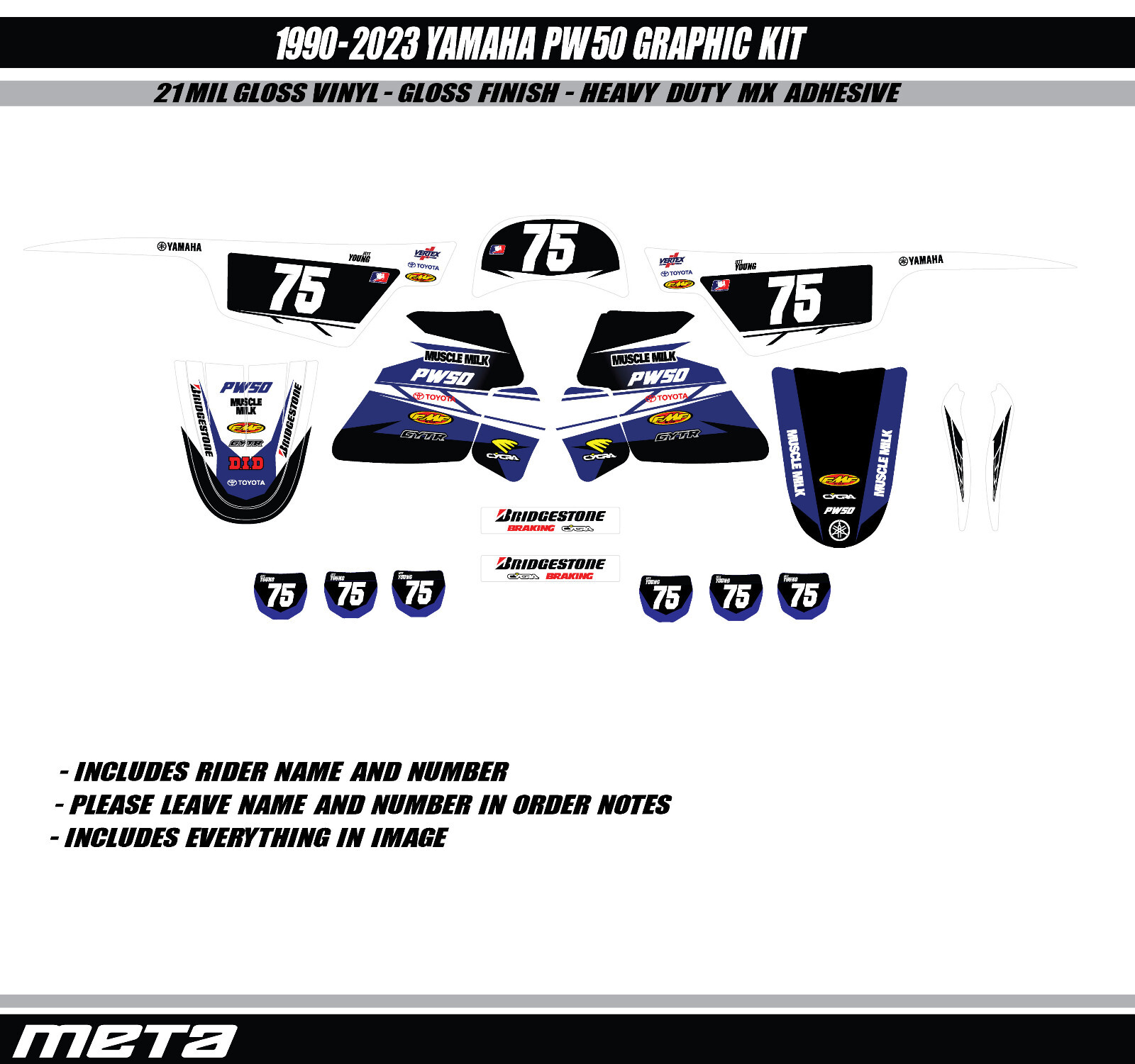1990-2024 YAMAHA PW50 FACTORY GRAPHIC KIT with RIDER NUMBER MOTOCROSS DECALS