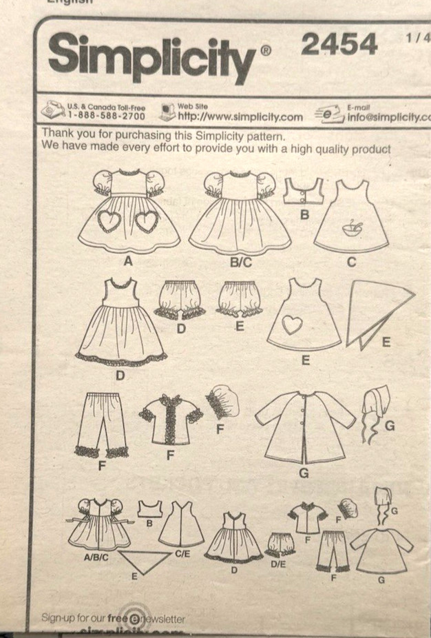 Simplicity Pattern #2454 - 16" & 18" Doll Wardrobe - (Cut)