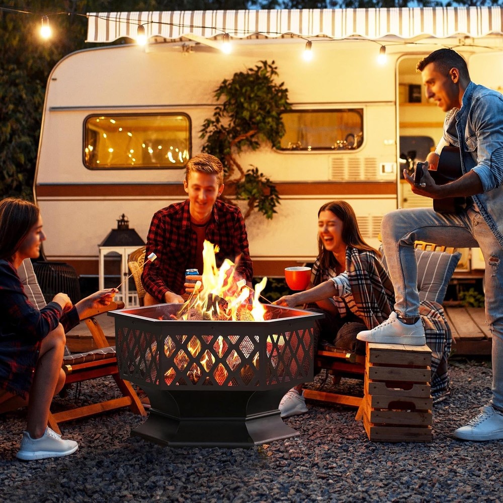 Fire Pit Fire Pits for outside 24In Hex Shaped Firepit Bowl with Spark Screen &
