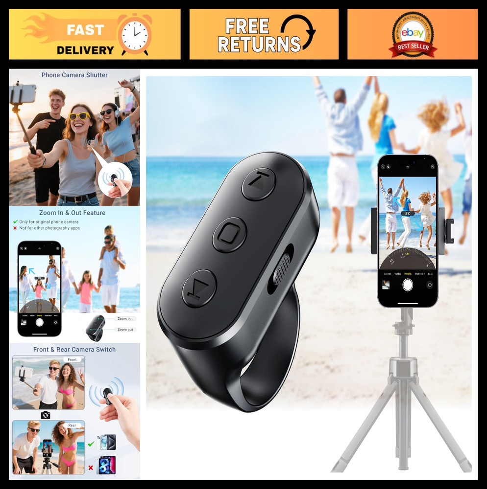 Wireless Bluetooth Camera Remote Shutter for iPhone & Android - Zoom Control, Ha