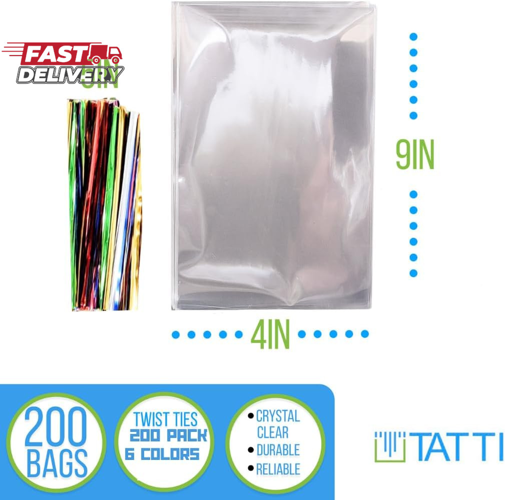 TATTI 200 Pack Clear Cellophane Bags for Favors - Transparent Goodie Bags, 4X9 I