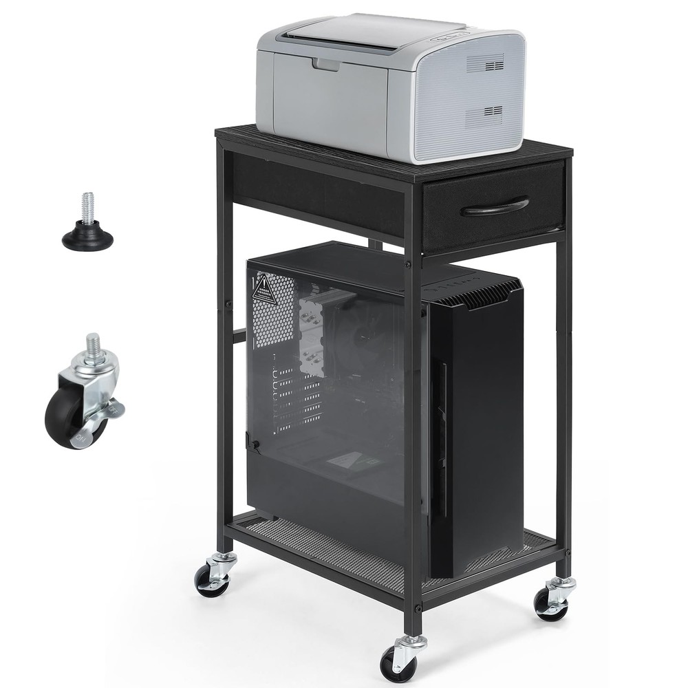 YBING PC Stand 2 Tier Computer Tower with Drawer Mobile Black