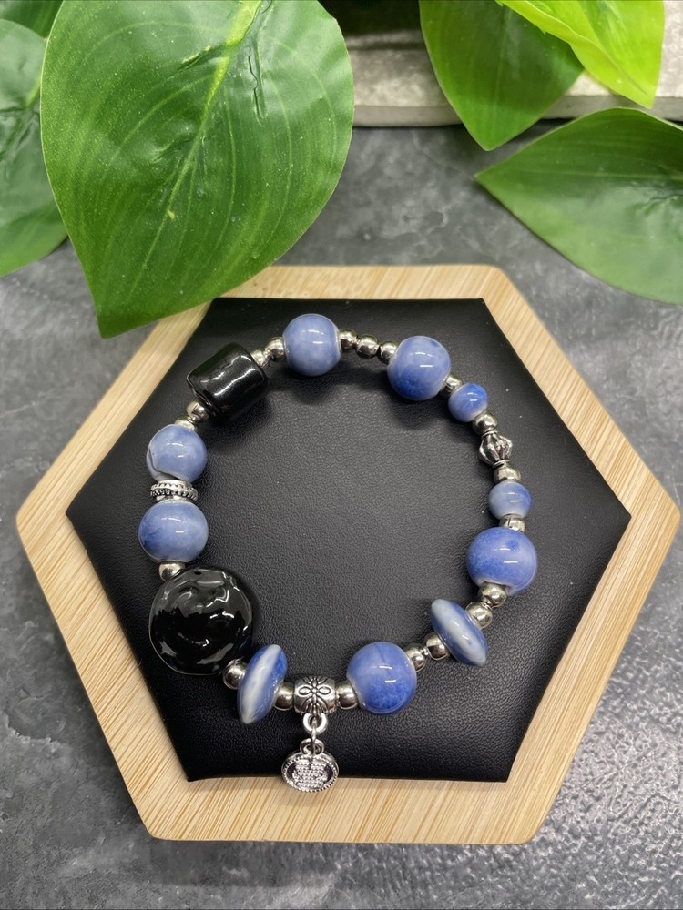Handmade Ceramic Bead Beaded Stackable 6” Plus Stretch Bracelet New B303