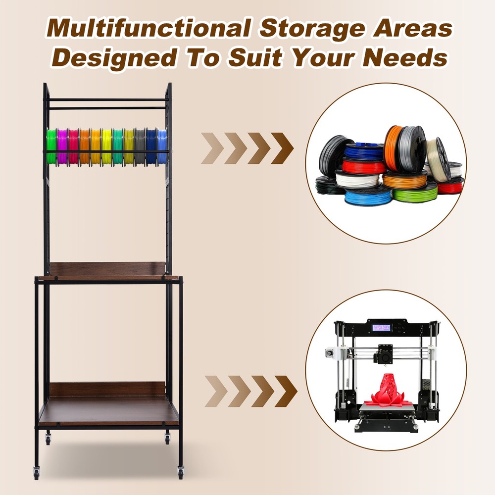 Heavy Duty Mobile 3D Printer Stand w/ Double Layer Filament Storage Rack+Wheels-