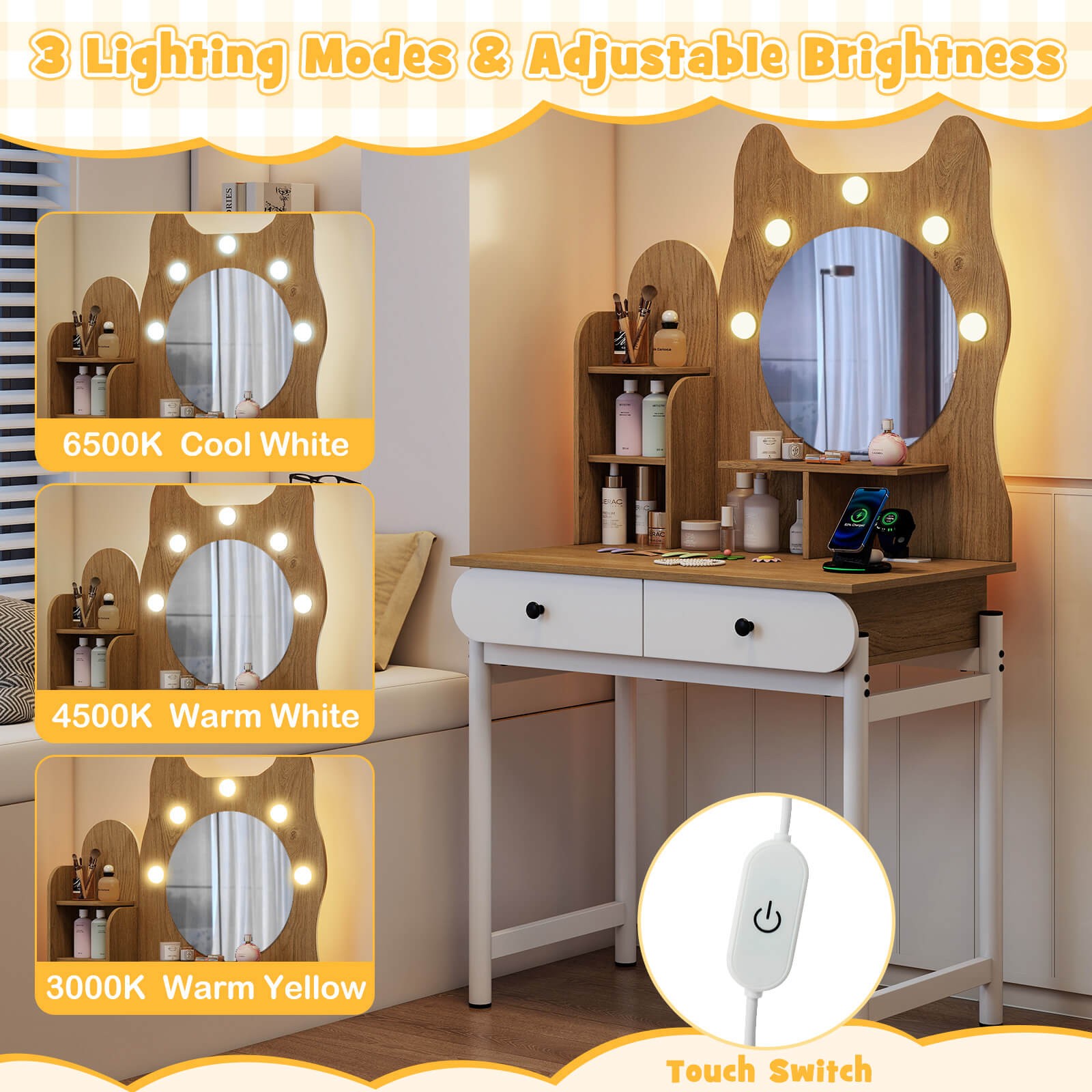 Small Vanity Desk with Mirror and Lights Cute Kitty Makeup Table w/Power Outlets