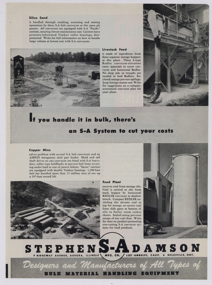 1948 Stephens Adamson Ad: Bulk Material Handling Equipment Pics - Aurora, IL