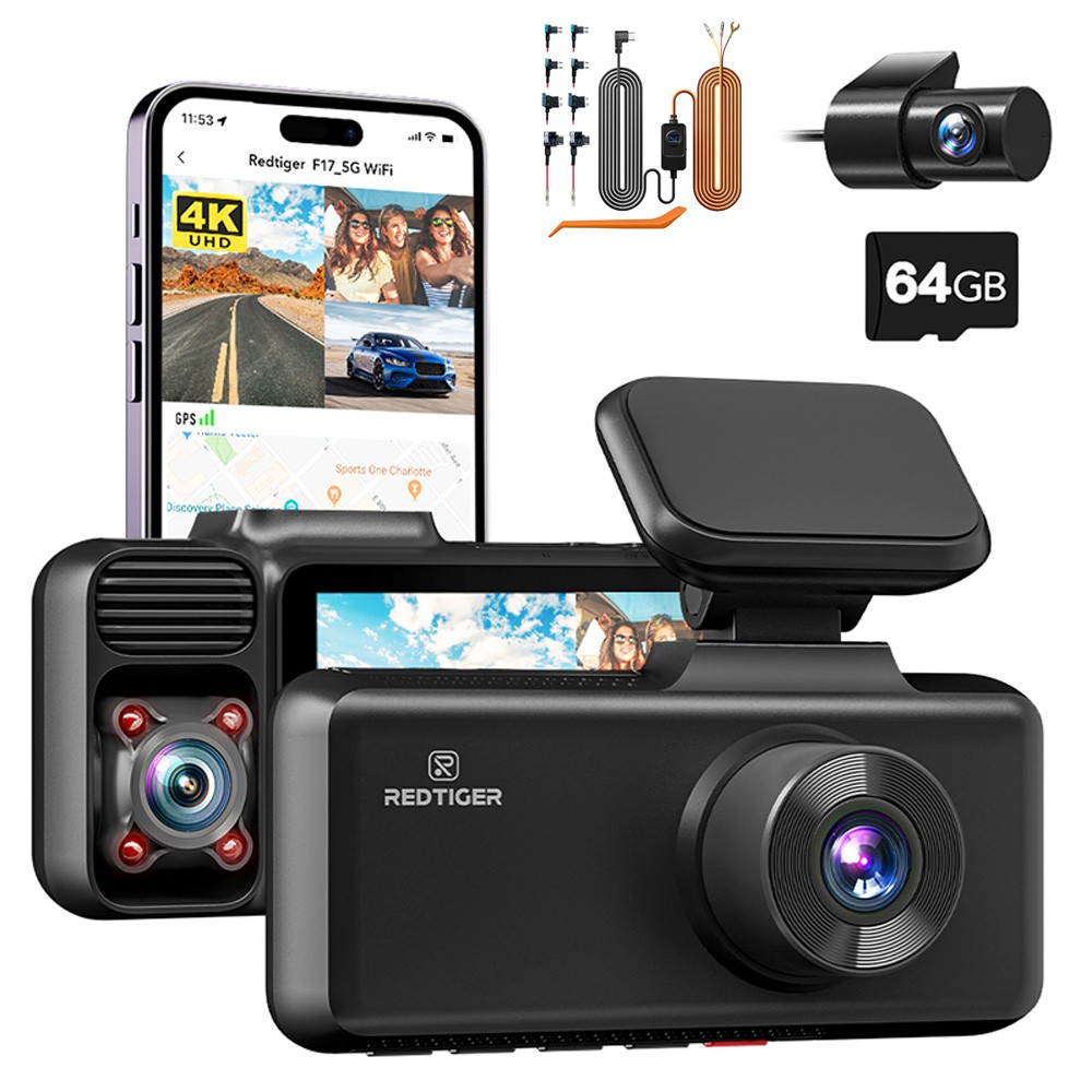 REDTIGER F17 4K Dash Cam 3 Channel 5G WiFi Front and Rear Inside&Hardwire kit