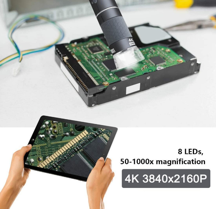 WiFi USB Microscope 50–1000x 4K, 8 LEDs, Stand, for iOS Android Mac Win Linux