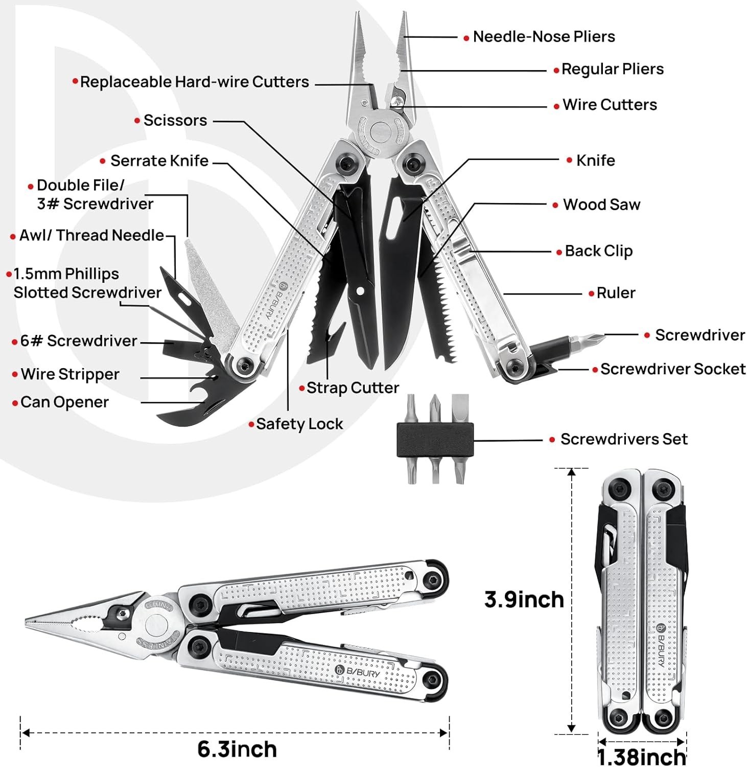BIBURY Multitool Pliers Stainless Steel Multi Tool Rope Cutter Screwdriver Fold